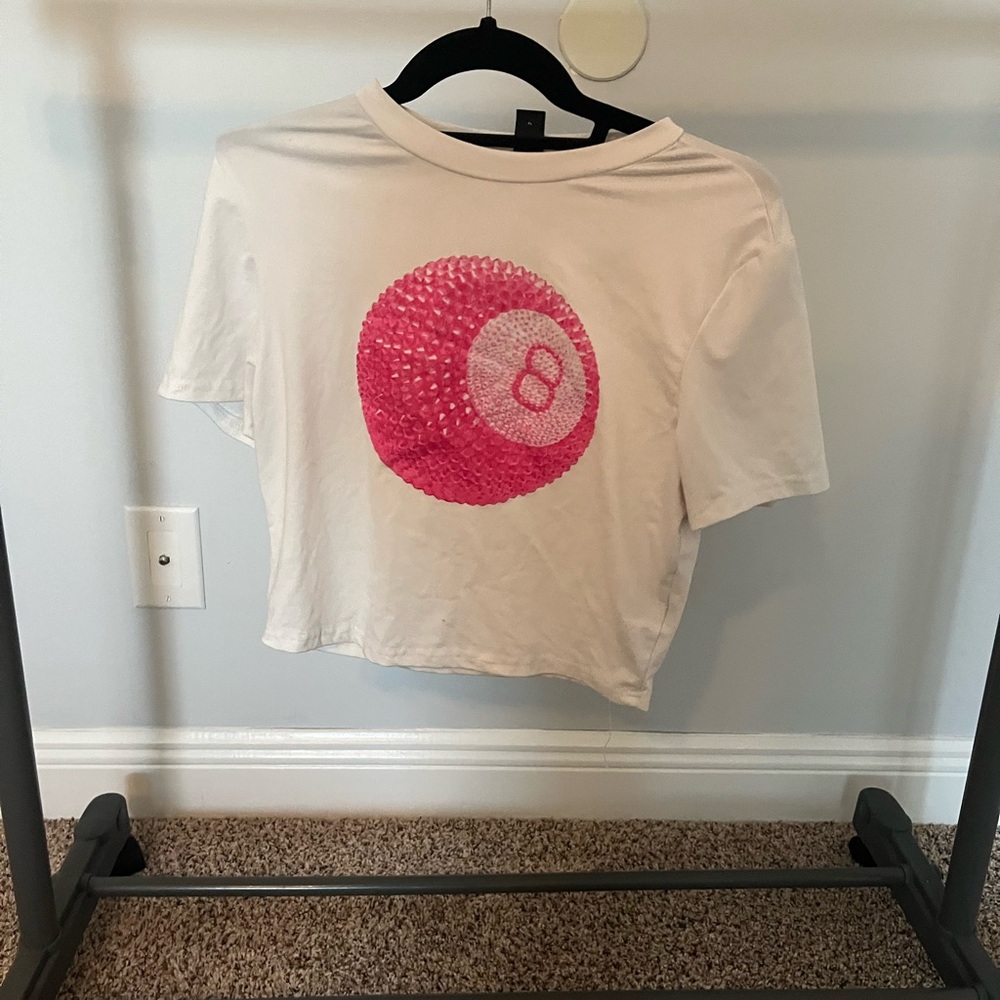 SHEIN White Crop Top with Pink Graphic